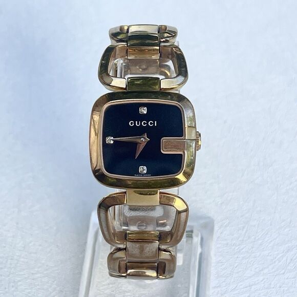 Gucci Watch Diamond Rose Gold Plated Bracelet G Face Model Black Dial Swiss Made - Picture 1 of 14